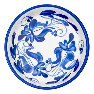 Hand-painted blue and white ceramic bowl with floral pattern, isolated on transparent background, ideal for traditional tableware and artistic decor.