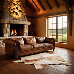 beautiful vibrant A rustic living room with a stone fireplace, leather sofa, and a cowhide rug