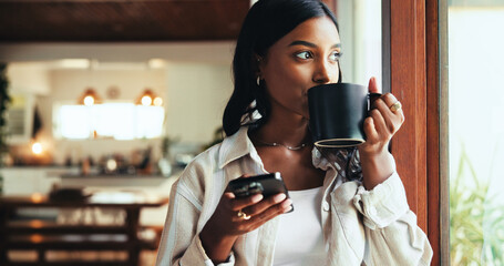 Phone, coffee and woman in home typing email for hotel booking confirmation with vacation planning....