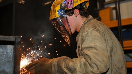 A welder in protective gear is busy working with a welding torch on a piece of metal, creating sparks and fusing the materials together 