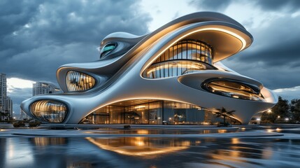 Obraz premium A futuristic building with innovative architecture, featuring smooth curves and bright lighting, reflecting in a calm water body under a dramatic sky.