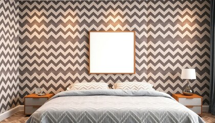 Dynamic master bedroom with zigzag patterns and a blank white a4 frames mockup hanging on the wall.