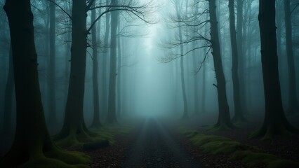 A mystical dense forest covered in morning fog, with sunlight filtering through, creating a serene and otherworldly atmosphere.