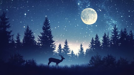 A dreamy landscape with deer under a moonlit sky, surrounded by twinkling stars and silhouettes of tall trees,