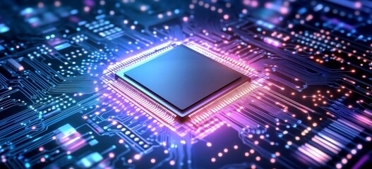 Glowing CPU on Circuit Board, Tech Background, Data Processing