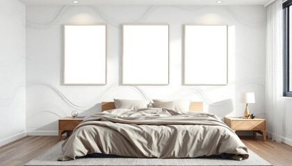 Dynamic master bedroom with geometric waves and a blank white a4 frames mockup hanging on the wall.