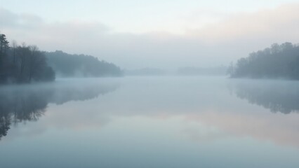 Fototapeta premium A calm lake with fog floating over its surface, reflecting the surrounding trees and creating a meditative atmosphere.