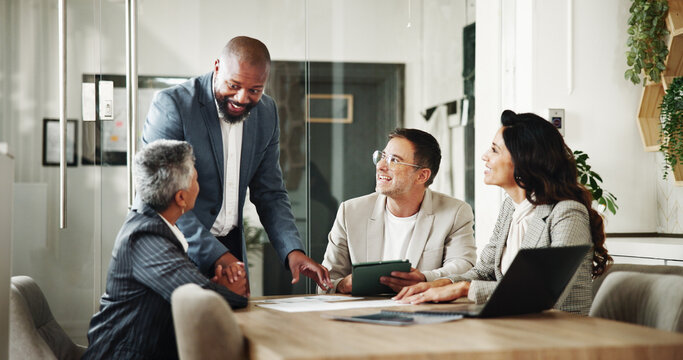 Meeting, group and business people in office for finance investment with company discussion. Collaboration, technology and financial management team with profit or revenue margin report in boardroom