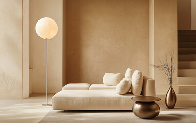 Minimalist home interior design with beige velvet sofa and floor lamp against wall with copy space.