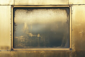 Dirty rectangular window set in a brassy colored metal surface