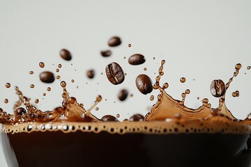 A dynamic moment frozen in time as coffee beans fall into dark coffee, splashing droplets caught in ultra-HD clarity, set against a plain white backdrop.