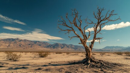Lone dead tree desert landscape, mountains background, nature photography