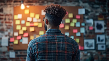 Fototapeta premium Focused individual brainstorming ideas on a bulletin board