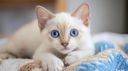 Fototapeta premium Adorable White Kitten with Blue Eyes Relaxing on Cozy Blanket