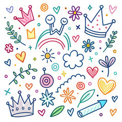 Colorful doodle art; hearts, crowns, flowers; white background; kids' design