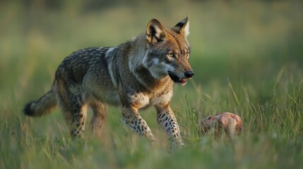 Obraz premium Agile Wolf in Lush Grassland with Prey