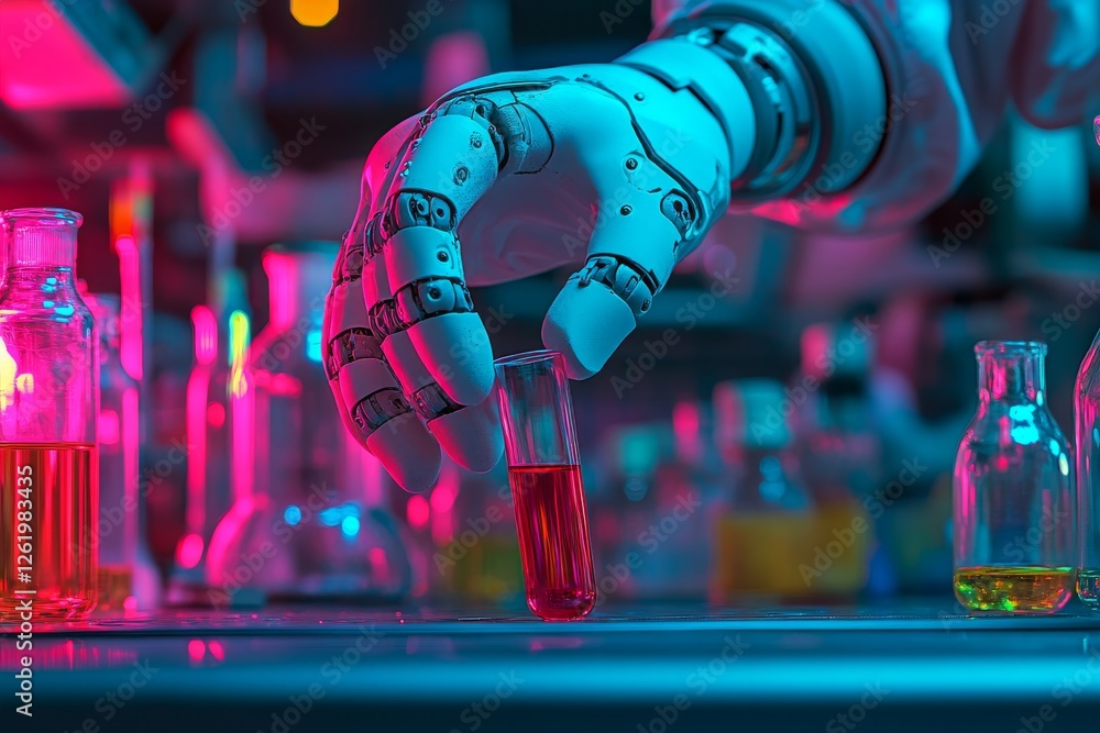 Poster a robot is operating in a lab cluttered with bottles and beakers. the robot is wearing gloves and is