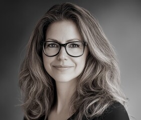 Obraz premium Confident Woman with Glasses Smiling in Professional Setting with Soft Lighting