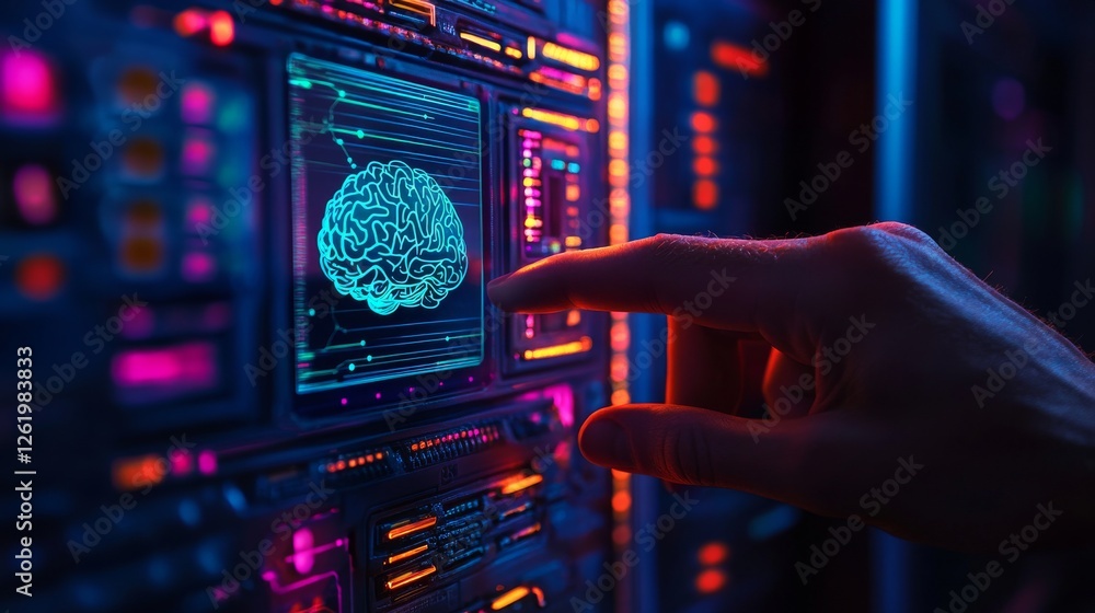 Poster a hand touches a digital brain hologram on a modern computer screen, set against a background of dat