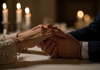 Couple Holding Hands at Candlelit Dinner - Romantic Date