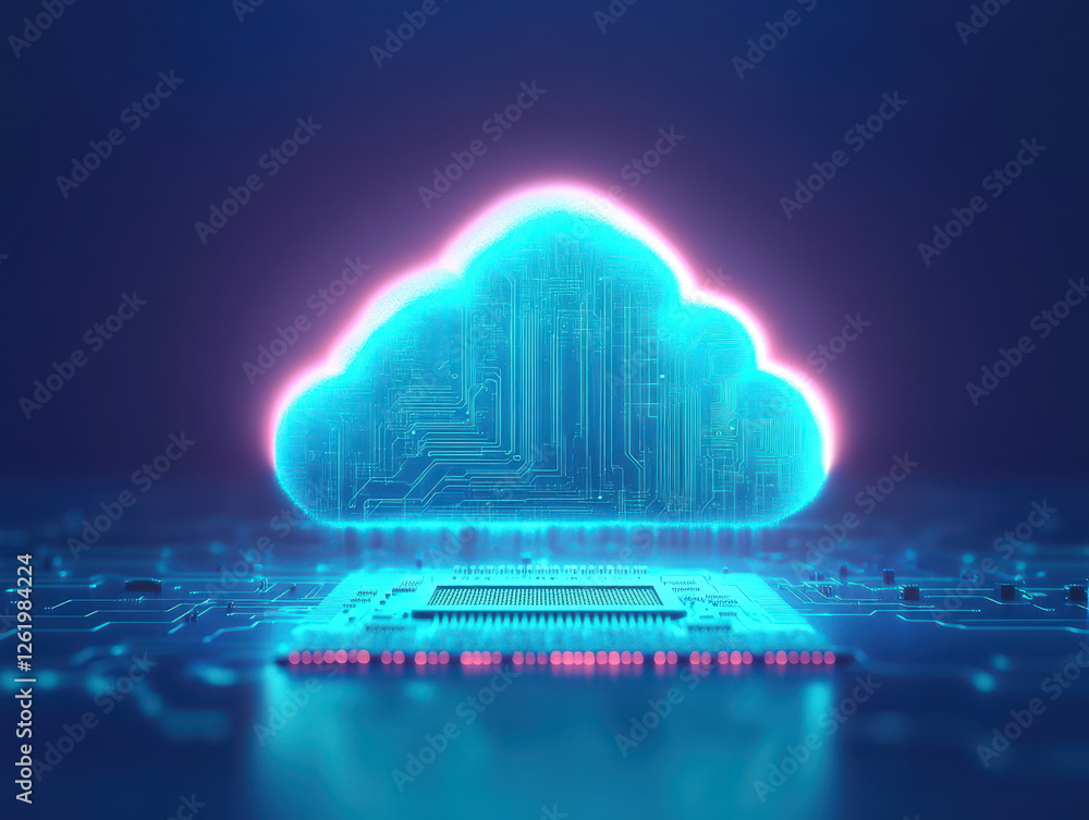 Aufkleber digital cloud symbol with glowing circuits above microchip, representing technology and innovation