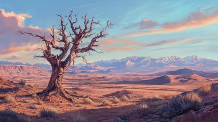 Lonely dead tree desert sunset mountains landscape, background, wallpaper