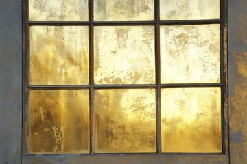 Old window reflects a golden light with muted texture