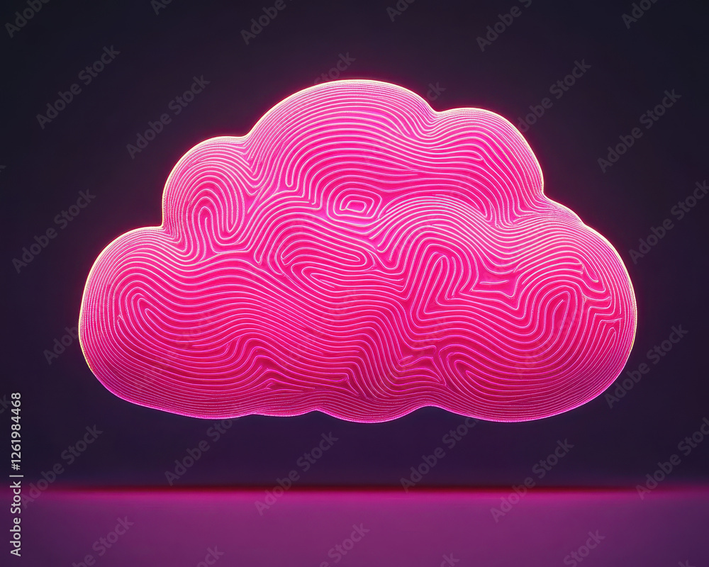 Poster vibrant pink cloud design with intricate line patterns, symbolizing digital innovation and creativit