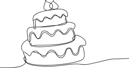 SingleLine Drawing of a ThreeLayered Birthday Cake with Cherry