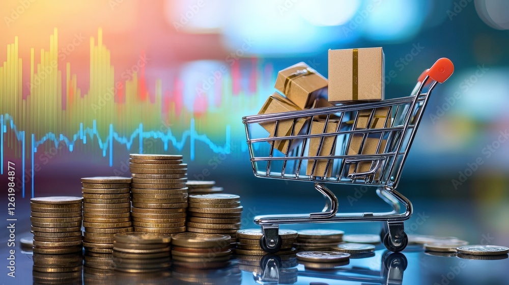 Poster colorful shopping cart with boxes and stacked coins in a modern setting