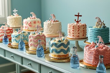 Nautical-themed birthday cakes with anchors and waves on display table