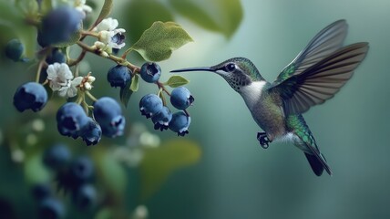 Fototapeta premium Hummingbird hovers near blueberries, ready to feed, vibrant green and blue colors, blurred background