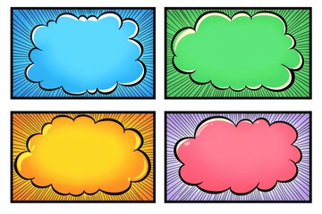 Fototapeta premium Four colorful comic book speech bubbles with blank space for text, set against contrasting backgrounds.