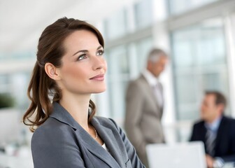 Woman in a business suit giving presentation or speech to a group of people