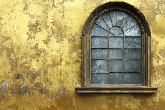 Arched window with aged frame on textured yellow wall