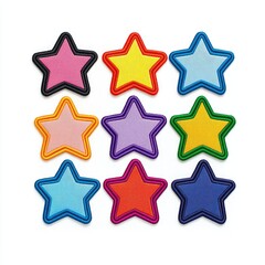 Fototapeta premium Nine colorful star-shaped patches arranged in a grid on a white background. Each star has a contrasting border.