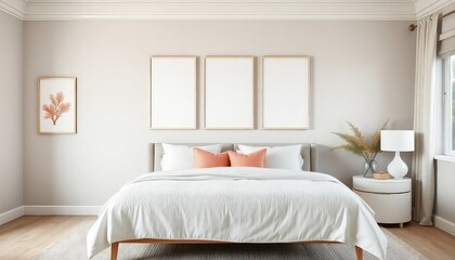 Coastal chic master bedroom with coral prints and a blank white a4 frames mockup hanging on the wall.