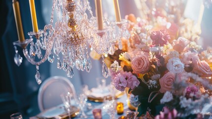 Elegant table set with luxurious floral arrangement and crystal chandelier