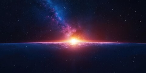 Sunrise over Earth from space, showcasing vibrant nebula and stars.