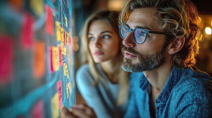 Focused colleagues brainstorming ideas on a sticky note wall