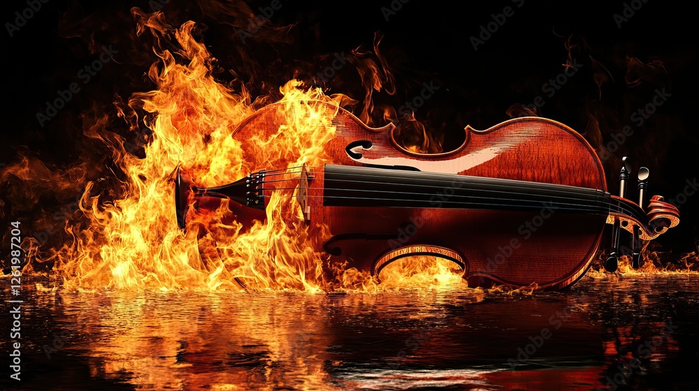 Poster a violin engulfed in flames, resting on a reflective surface, creating a dramatic visual effect.