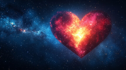 A heart-shaped nebula in deep space, surrounded by stars and cosmic dust, with no sunlight visible. The vivid celestial scene captures chaos and cosmic beauty, offering space for text