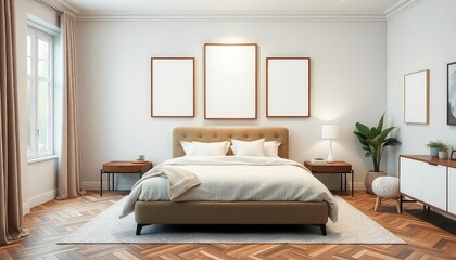 Chic master bedroom with herringbone patterns and a blank white a4 frames mockup hanging on the wall.