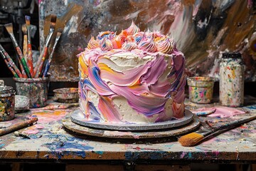 Colorful swirled cake with artistic frosting in creative studio setting
