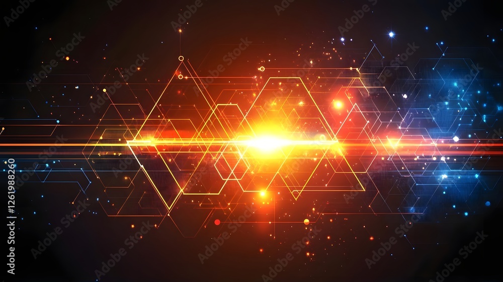 Poster abstract digital background with glowing hexagons and particles, creating a vibrant energy effect