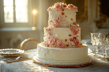 Fototapeta premium Elegant wedding cake with floral decor in sunlit banquet hall