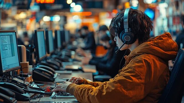 Esports Arena: A gamer fully immersed in a gaming arena, the screen emits a cool glow, and he's engrossed in his game with a headset and microphone.