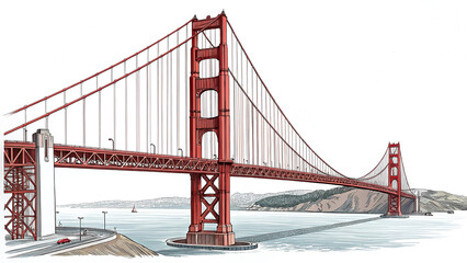 Golden Gate Bridge Landmark Architectural Illustration Isolated on a white Background