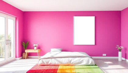 Bright master bedroom with rainbow colors and a blank white a4 frames mockup hanging on the wall.