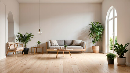 Fototapeta premium Modern Minimalist Living Room: A spacious and airy living room bathed in natural light, featuring a light gray sofa, wooden coffee tables, potted plants, and an arched doorway.